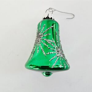 Vintage WEST GERMANY Mercury Glass Mica Drawn Green Snowflake Bell Ornament